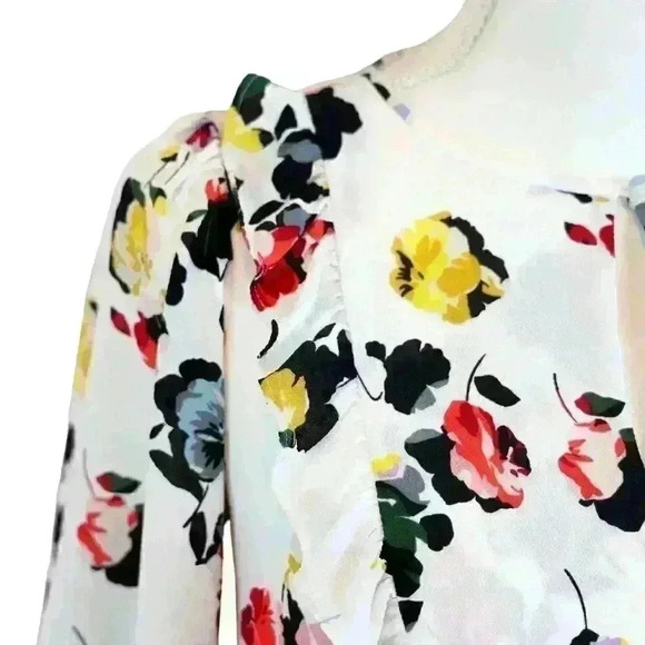Ann Taylor Floral Short Sleeve Ruffled Bib Blouse w/ Neck Button Size XS Petite - Picture 7 of 8